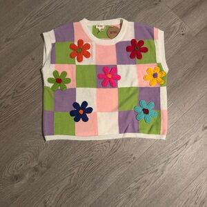 BIBI Women’s Pastel Checkerboard Flower Knit Vest - Multicolor